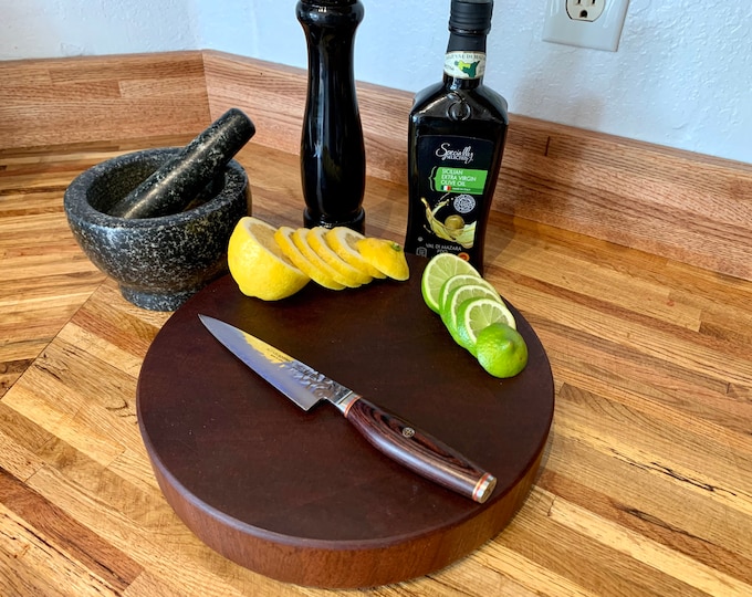 Solid Mahogany Handmade Round Endgrain Cutting Board Butcher Block w/Rubber Nonskid Feet- Father’s Day, Mother’s Day, Wedding, Anniversary