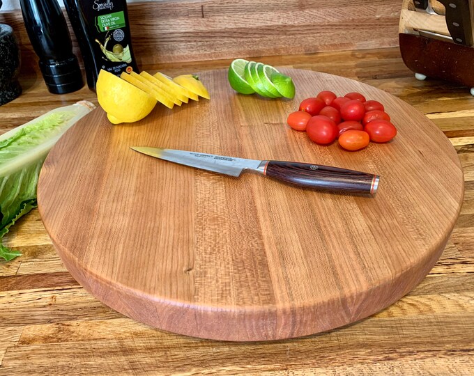 Solid American Cherry Handmade Round Cutting Board Butcher Block w/Rubber Nonskid Feet- Father’s Day, Mother’s Day,Wedding, Anniversary