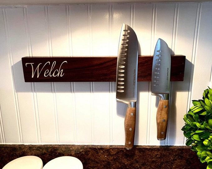 Personalized Wooden Magnetic Knife Holder/Block/Rack - Wall Mounted Black Walnut or White Washed Cherry, Free Personalization/Engraving