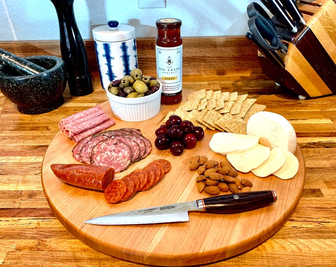 Handmade Cherry Round Cutting Board Charcuterie Board Butcher Block w/Rubber Nonskid Feet- Father’s/Mother's Day, Wedding, Anniversary