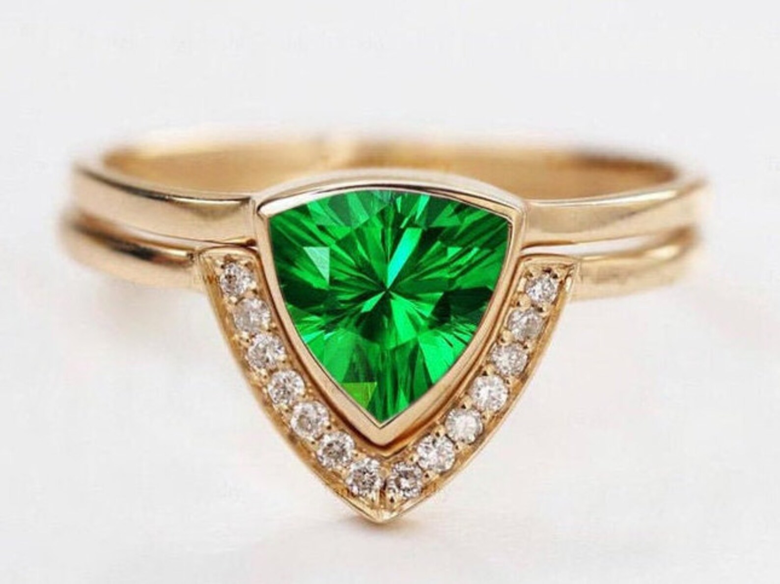 Trillion Cut Blue Emerald Engagement Ring Set Vintage Emerald Etsy