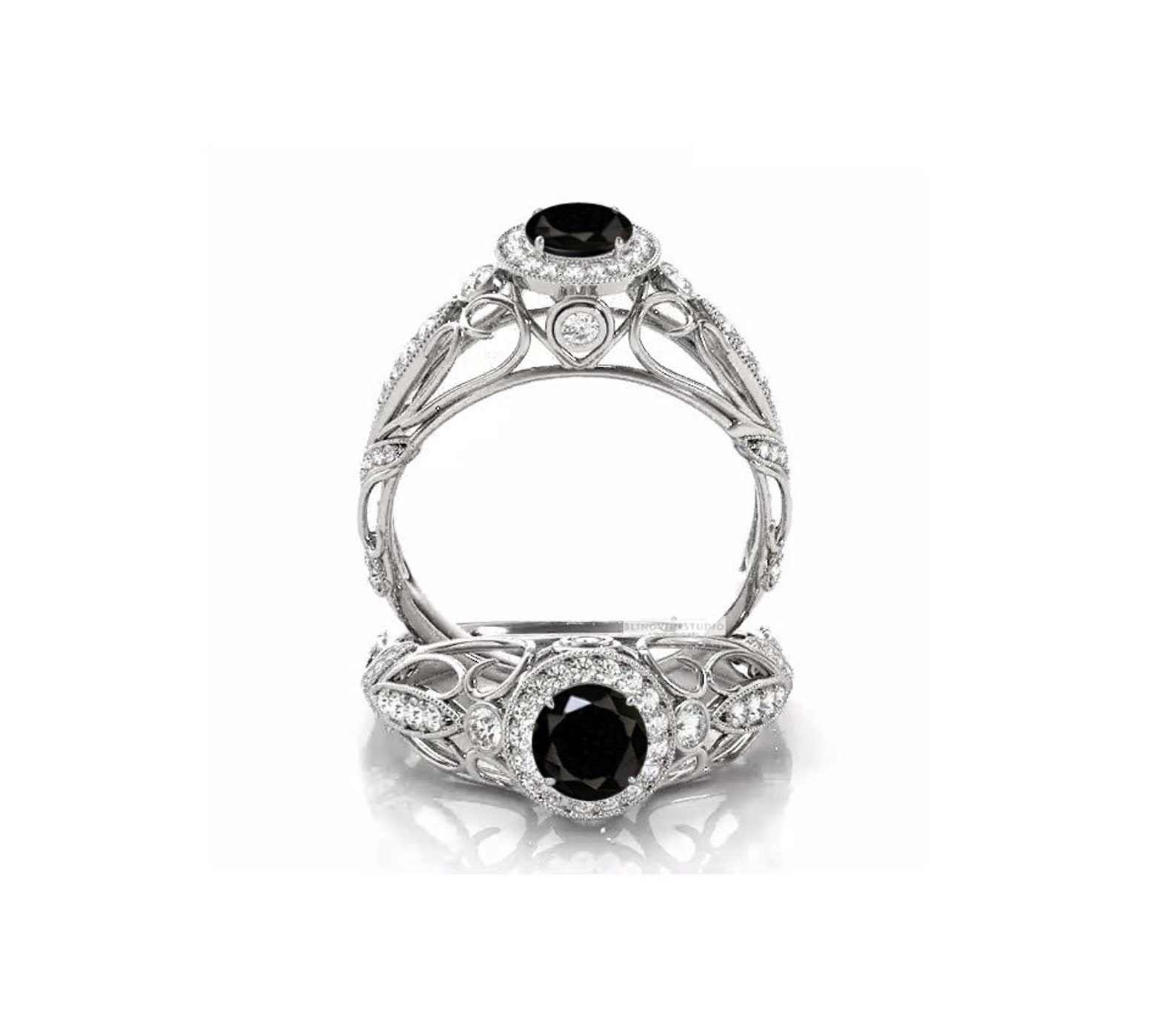 Vintage Black Onyx Engagement Ring Art Deco Filigree Black Etsy