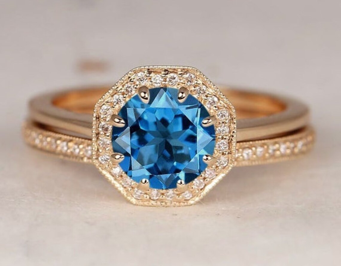Unique London Blue Topaz Wedding Ring Set Vintage Blue Topaz | Etsy