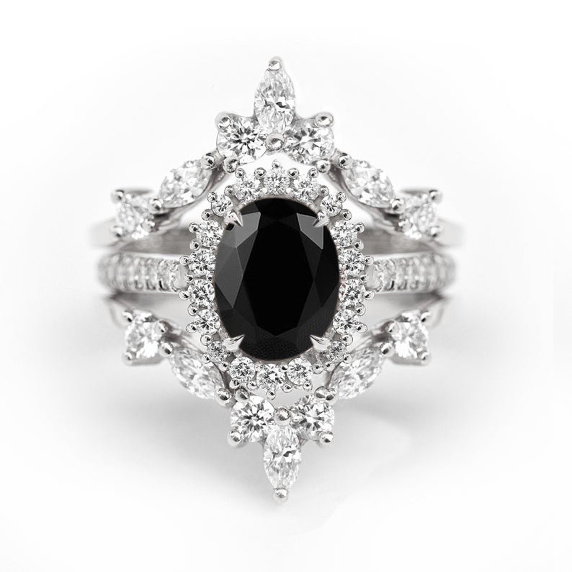 Oval Cut Black Onyx Engagement Ring Set Art Deco Onyx Wedding Etsy