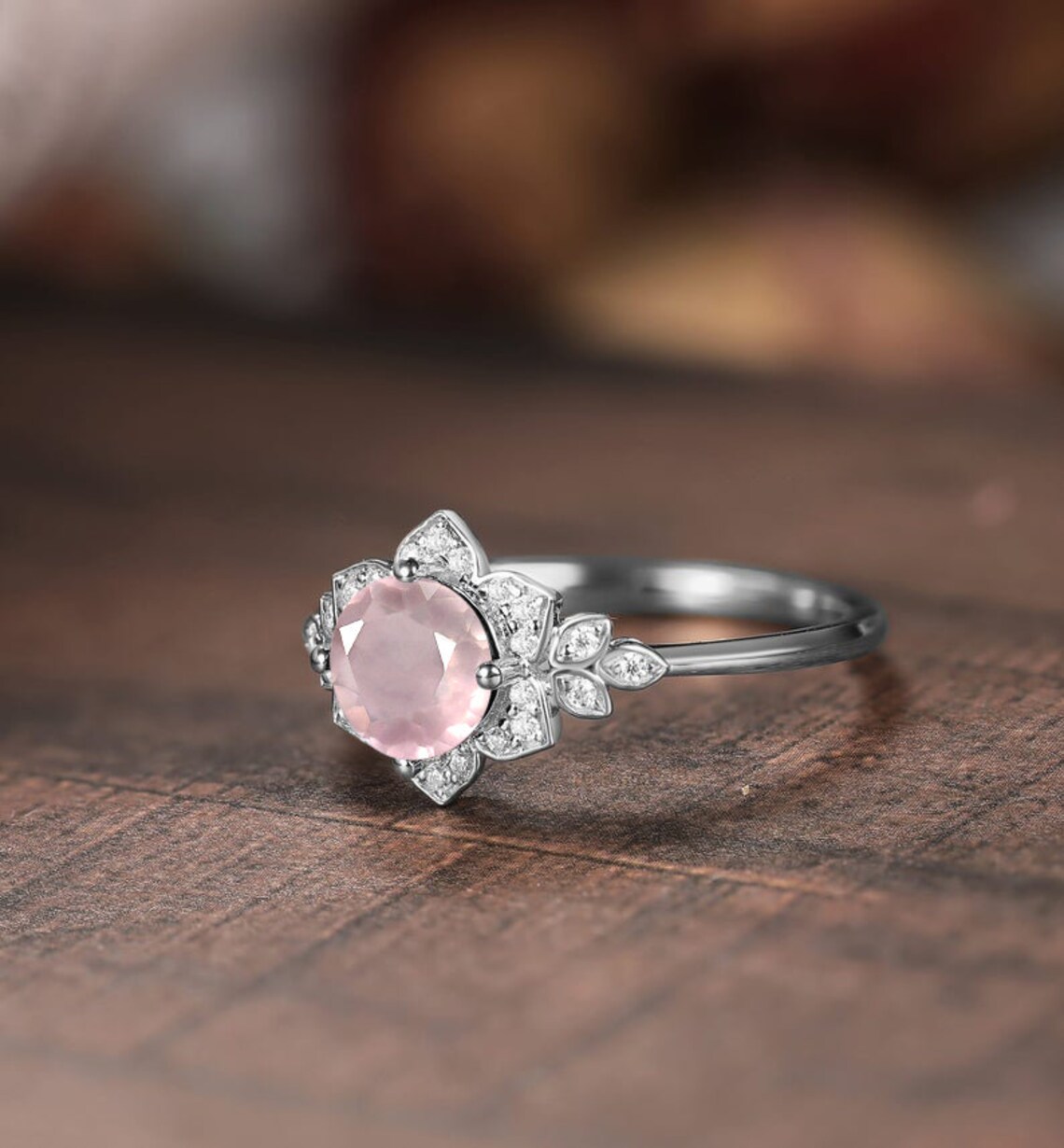 Art Deco Rose Quartz Engagement Ring Sterling Silver Pink Etsy