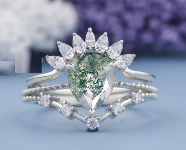 Pear Cut Moss Agate Engagement Ring Set Natural Gemstone | Etsy