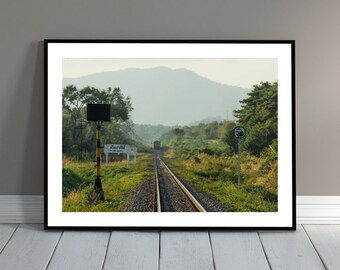 Downloadable, printable photo of a train surrounded by mountains in Thailand, variety of sizes, Thai countryside, railway, A4