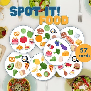 Puede incluir: Un juego de cartas titulado SPOT IT! FOOD que contiene 57 cartas. Cada carta circular muestra una variedad de ilustraciones coloridas de alimentos, incluyendo frutas, verduras, productos horneados y comidas preparadas, sobre un fondo blanco.