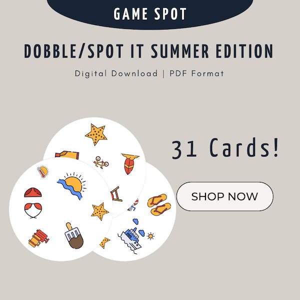 MATCHING CARD GAME Summer Edition, 31 Cards Spot It Digital Downloadable Dobble Games, Amazing Family Party Gaming Cards Gift For Kids