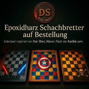 May include: Three custom epoxy resin chessboards. One features a black and gray checkered pattern with red and blue lightsabers. Another has a Captain America shield design. The third has a gold and black checkered pattern with a skull and crossbones.