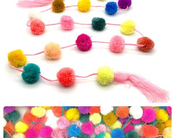 Guirnalda de pompones pastel, decoración mexicana hecha a mano (150 cm)