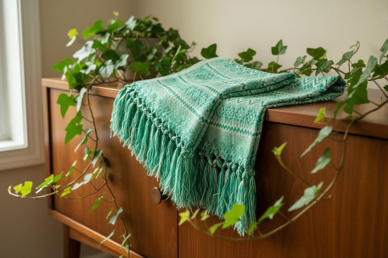 Puede incluir: Una manta tejida verde y blanca doblada con detalles de flecos. La manta est&aacute; sobre una c&oacute;moda de madera. Plantas de hiedra verde en el fondo y primer plano.