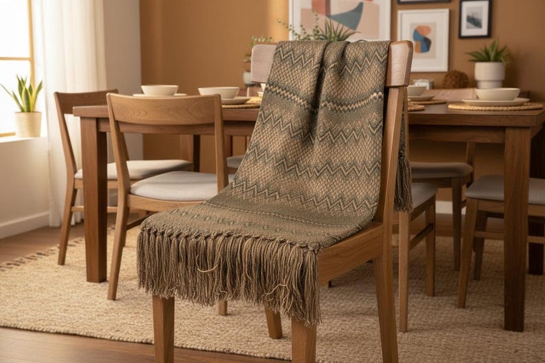 Puede incluir: Una manta tejida con un patr&oacute;n geom&eacute;trico en tonos marrones y verdes est&aacute; sobre una silla de madera. La manta tiene flecos en el borde inferior. La escena sugiere un comedor acogedor y atractivo.