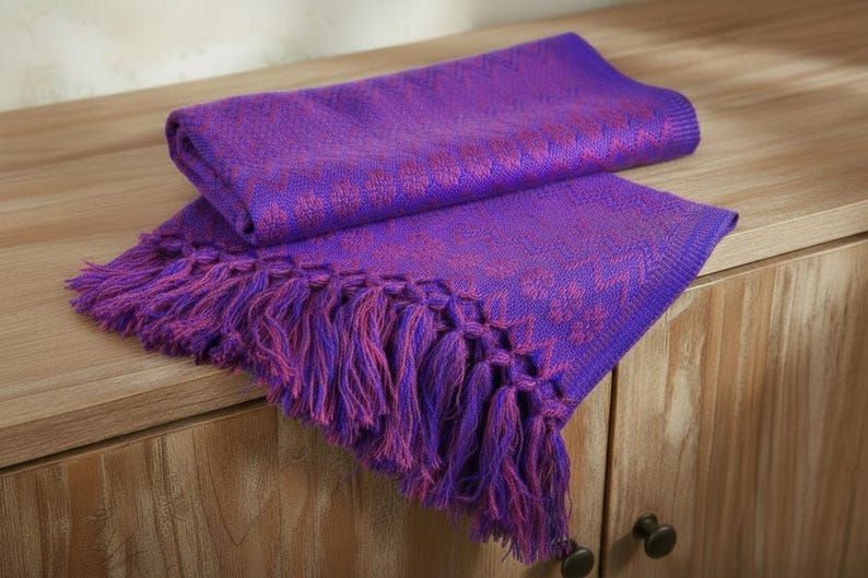 Puede incluir: Una manta tejida morada doblada con un estampado floral y flecos. La manta est&aacute; hecha de un material suave y se exhibe sobre un mueble de madera. Los flecos son una mezcla de morado y rosa.