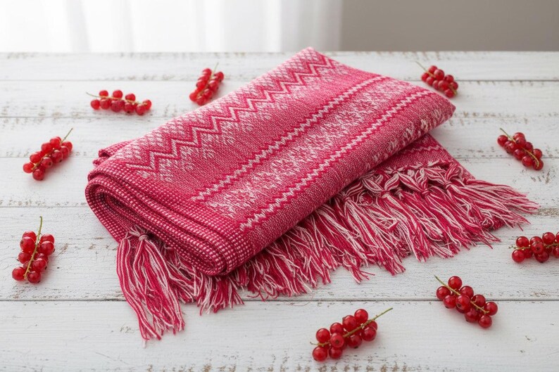 Puede incluir: Bufanda rosa y blanca plegada con un patr&oacute;n geom&eacute;trico y flecos. La bufanda est&aacute; rodeada de bayas rojas sobre una superficie de madera blanca. La bufanda tiene un patr&oacute;n en zigzag y diamante.