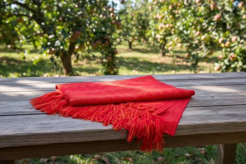 Puede incluir: Una bufanda roja doblada con bordes con flecos descansa sobre una mesa de madera desgastada. La bufanda tiene un patr&oacute;n tejido y es de un tono rojo vibrante. El fondo muestra un huerto borroso.