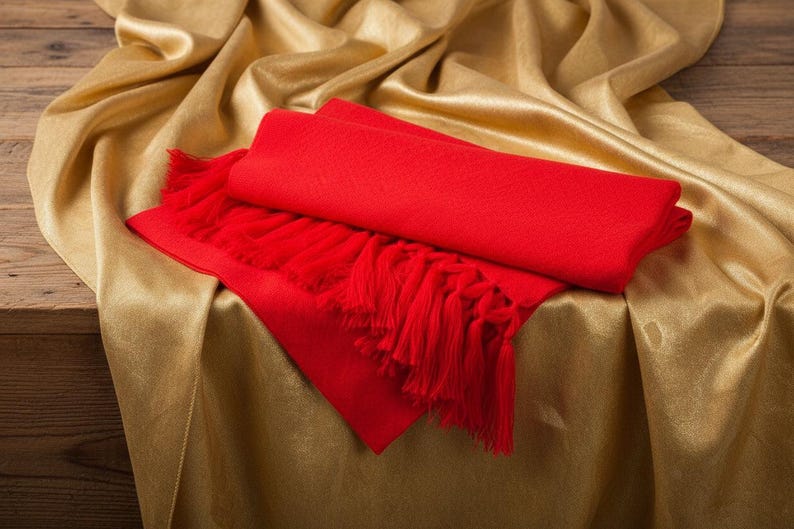 Puede incluir: Una bufanda roja vibrante con flecos est&aacute; colocada sobre una tela dorada y brillante. La bufanda est&aacute; doblada, mostrando su textura y dise&ntilde;o. El fondo es un material dorado rico, creando una sensaci&oacute;n de lujo.
