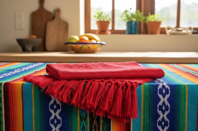 Puede incluir: Un vibrante y colorido camino de mesa serape con un mantel rojo con flecos. El camino de mesa presenta rayas azules, verdes, amarillas y naranjas. Un pa&ntilde;o rojo doblado descansa sobre el pa&ntilde;o con flecos, creando un efecto en capas.