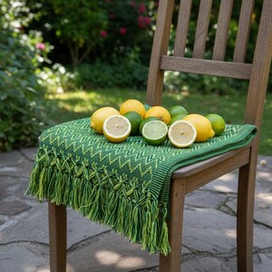 Puede incluir: Una silla de madera con una manta verde estampada y una colecci&oacute;n de limones y limas. La manta tiene un dise&ntilde;o en zigzag y flecos. Algunas de las frutas c&iacute;tricas est&aacute;n cortadas por la mitad. La escena est&aacute; ambientada al aire libre en un patio de piedra.