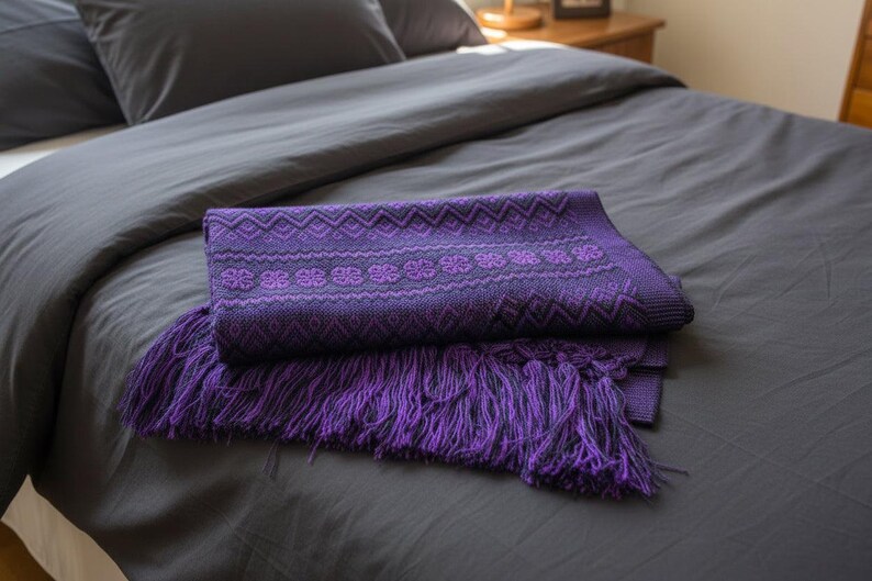 Puede incluir: Una manta morada doblada con un patr&oacute;n geom&eacute;trico y detalles de flecos descansa sobre una colcha gris. El dise&ntilde;o de la manta presenta motivos florales y en zigzag repetidos, agregando textura e inter&eacute;s visual a la ropa de cama.