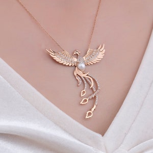 Phoenix 925k Solid Silver Necklace • Simurgh Necklace • Pearl Necklace • Firebird Jewelry • Rose gold • gold • silver