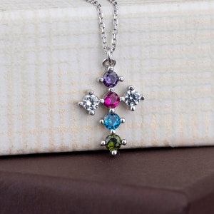 Birthstone Cross Necklace, Family Necklace, Dainty Necklace, Sterling Silver Necklace, Handmade Jewelry, Personalized Gifts, Gift For Mom