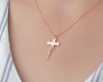 Cross Necklace, Personalized Cross Necklace, Name Necklace, Christmas Gift, Religious Gift, Sterling Silver Necklace, Gold Rosegold Necklace