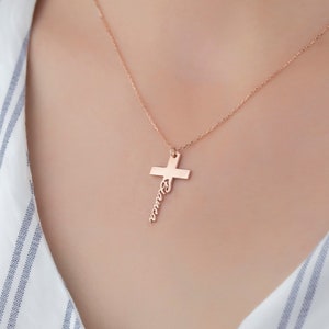 Cross Necklace, Personalized Cross Necklace, Name Necklace, Christmas Gift, Religious Gift, Sterling Silver Necklace, Gold Rosegold Necklace