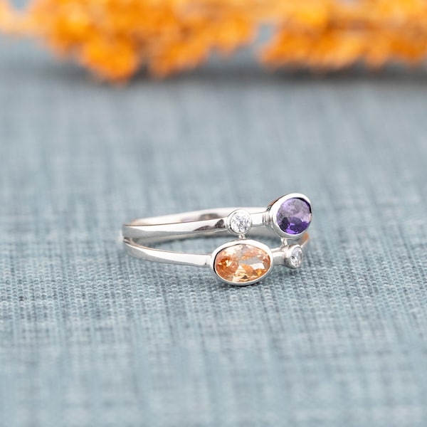 Bague double birthstone • Bague en pierre Dainty 2 • Bijou en pierre de naissance • Bague en argent personnalisée • Bague minimaliste • Cadeau de fête des mères • Bague personnalisée