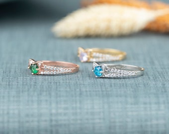 Sterling Silver Kitty Birthstone Ring: Custom Cat Ring