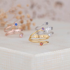 Name Engraving With Birthstone Ring, Letter Ring, Double Birthstone Ring, Initial Ring, Adjustable Ring, Personalized Gifts, Handmade Gifts