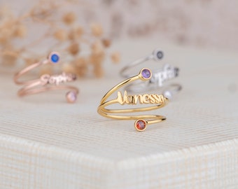Name Engraving With Birthstone Ring, Letter Ring, Double Birthstone Ring, Initial Ring, Adjustable Ring, Personalized Gifts, Handmade Gifts