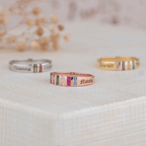 Baguette Birthstone Rings, Family Ring, Name Engraving Ring, Birthstone Jewelry, Mothers Day Gift, Personalized Gifts, Handmade Jewelry