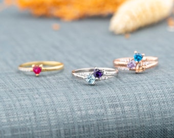 Sterling Silver Heart Birthstone Ring: Engraved Name Ring