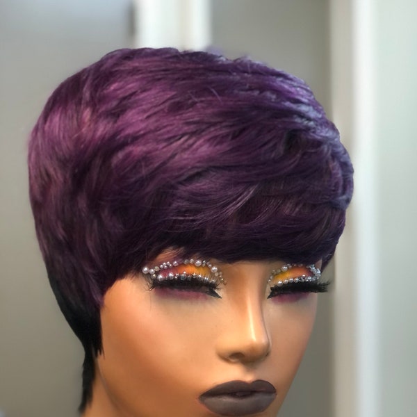 Purple Short Pixie Cut Human Hair Wig