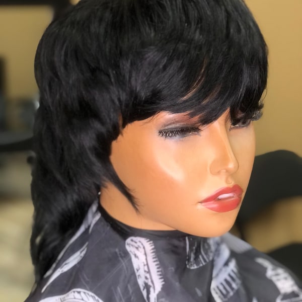 16インチ ブラック モヒカン マレット 人毛ウィッグ