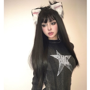 Black Brown Long Straight Wig With Bangs, Natural Black Long Straight Wig, Y2K Black Long Wig With Bangs, Women's Black Wigs,