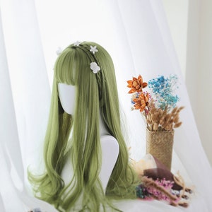 Green Long Curly Wig, Air Bangs Wig, Green Long Wool Roll Lolita Wig, Cosplay Wig, Women's Wigs, Party Wig, High Temperature Silk Wig.