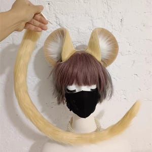 Puede incluir: Un conjunto de cosplay con orejas de piel sintética marrón y blanca, una cola a juego y una peluca con una máscara facial negra. Las orejas están unidas a una diadema. La cola es larga y curvada.