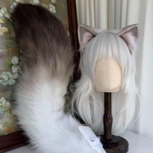 Könnte beinhalten: Ein Cosplay-Set mit einem langen, flauschigen Schwanz mit einem Farbverlauf von Braun zu Weiß und einem Paar grauer Katzenohren. Die Ohren sind an einer Perücke mit langem, weißem Haar befestigt. Der Schwanz ist dick und wirkt weich.