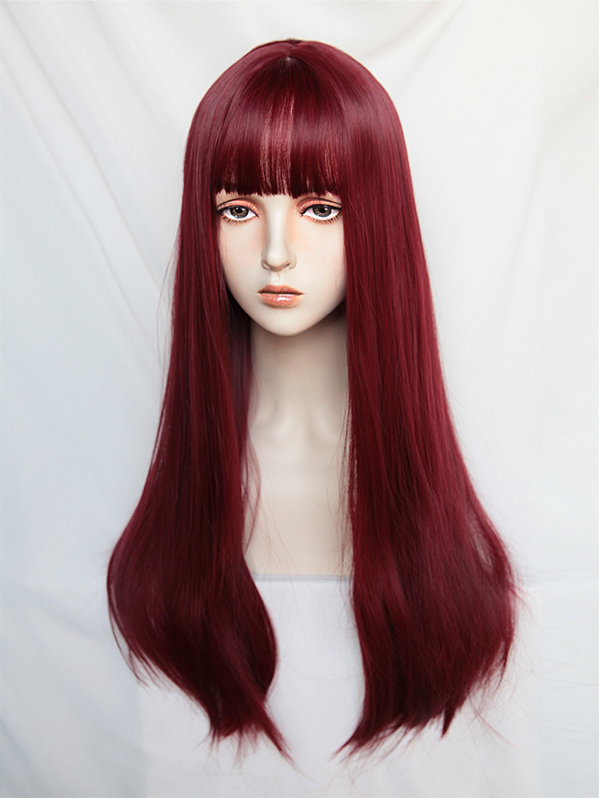 Red Wine Long Straight Wig Rose Red Long Natural Wig Wig Etsy