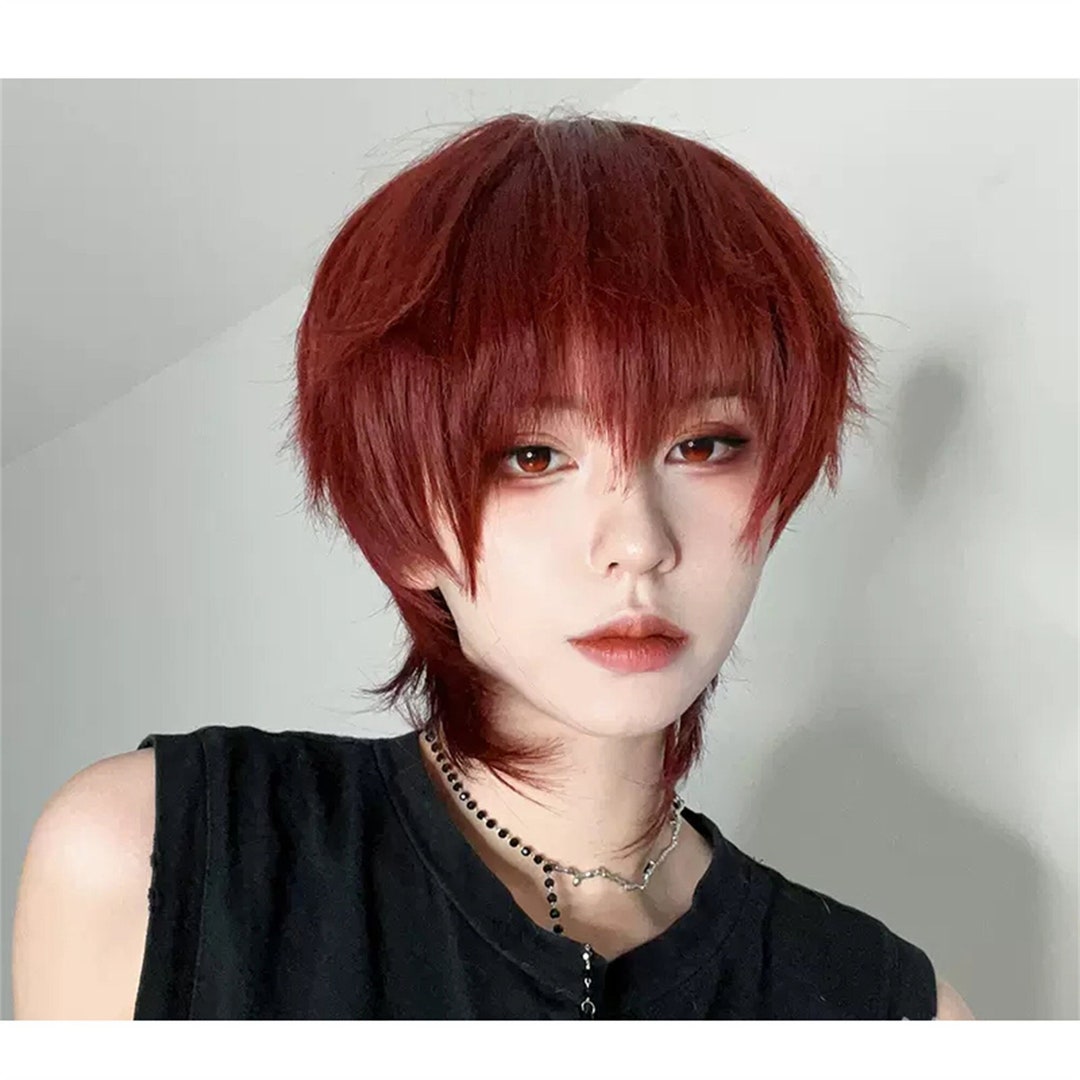 Cool Dark Red Short Curly Wig, Stylish Wine Red Short Wig, Men's Micro ...