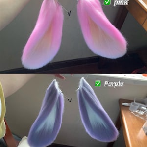 May include: Two sets of faux fur animal ears attached to thin metal headbands. The top set is pink with lighter peach-colored inner sections and a green checkmark with the text pink. The bottom set is purple with white inner sections and a green checkmark with the text Purple.