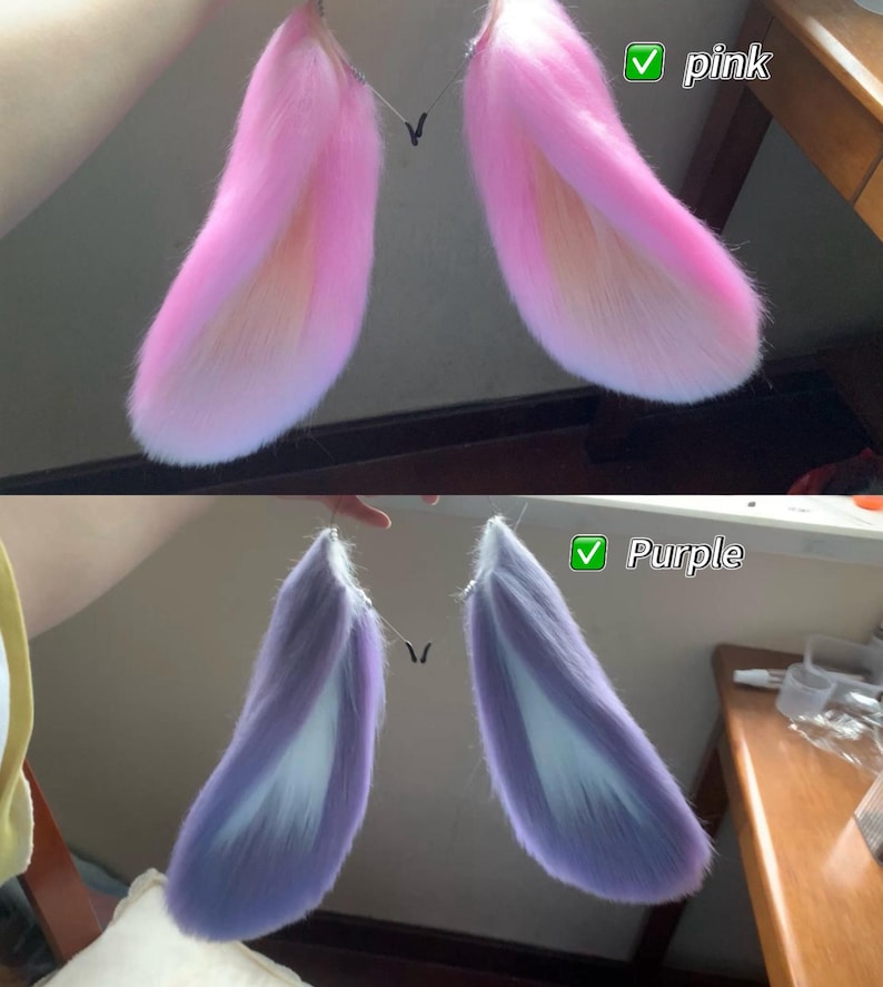 May include: Two sets of faux fur animal ears attached to thin metal headbands. The top set is pink with lighter peach-colored inner sections and a green checkmark with the text pink. The bottom set is purple with white inner sections and a green checkmark with the text Purple.