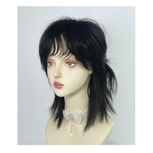 Men's Cool Black Brown Mullet Wig, Black Brown Irregular Fluffy Short Wig With Bangs, Girl Cool Black Brown Short Wig, Cosplay Wig.