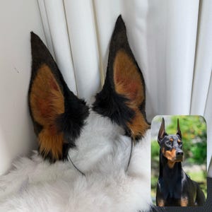 Doberman Dog Ears and Tail Set, Cosplay Doberman Dog, Fluffy Doberman Dog Ears Headband, Black Tail, Faux Fur, Fursuit, Halloween