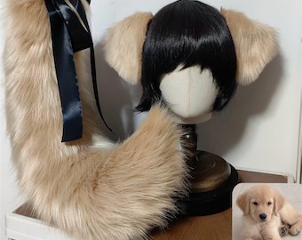 Golden Retriever Dog Ears and Tail Set, Custom Color Available, Cosplay Golden Retriever Dog, Dog Fluffy Paws Gloves, Fluffy Dog Tail