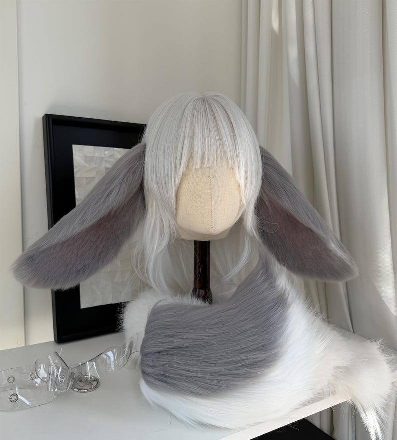 Lop-eared Rabbit Ears Headband, Custom Color Available, Cosplay MiniLop Holland Lop Bunny Rabbit, Faux Fur, Fursuit, Halloween gray