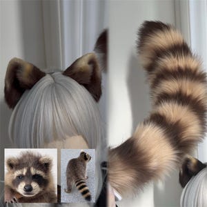 Set wasbeer oren en staart, aangepaste kleur beschikbaar, cosplay wasbeer, bruine wasbeer oren hoofdband, pluizig gestreepte wasbeerstaart, namaakbont, harig