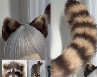 Raccoon Ears and Tail Set, Custom Color Available, Cosplay Raccoon, Brown Raccoon Ears Headband, Fluffy Striped Raccoon Tail, Faux Fur,Furry